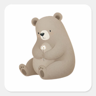 Adorable Ours Brun à la Marguerite – Illustration  Vierkante Sticker