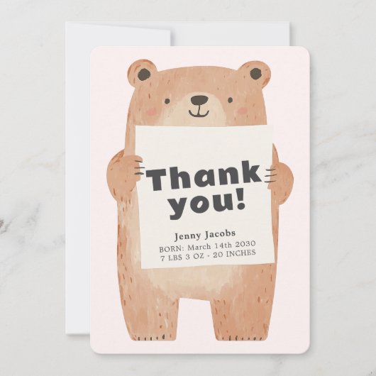 Adorable ours rose Faire-part bébé Merci (Devant)
