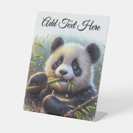 Adorable Panda Beer Eet Bamboescript Toevoegen Reclamebord Met Voetstuk (Voorkant)