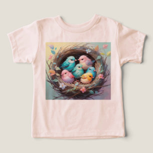 Adorable Pastel Bébé Oiseaux Dans Un Nid Floral