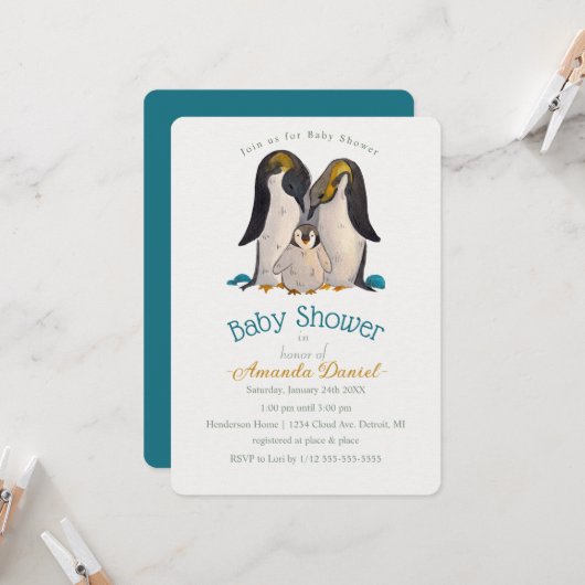 Adorable Penguin Family Baby shower Invitation (Devant/Arrière en situation)