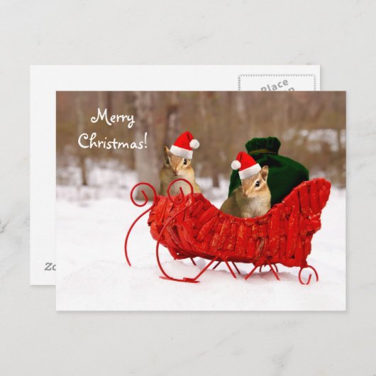 Adorable Père Noël Chipmunks bébé en Sleigh Carte  (Devant / Derrière)