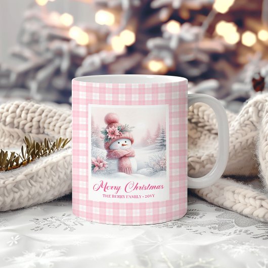 Adorable Pink Snowman Mug Cozy Christmas Scene Koffiemok