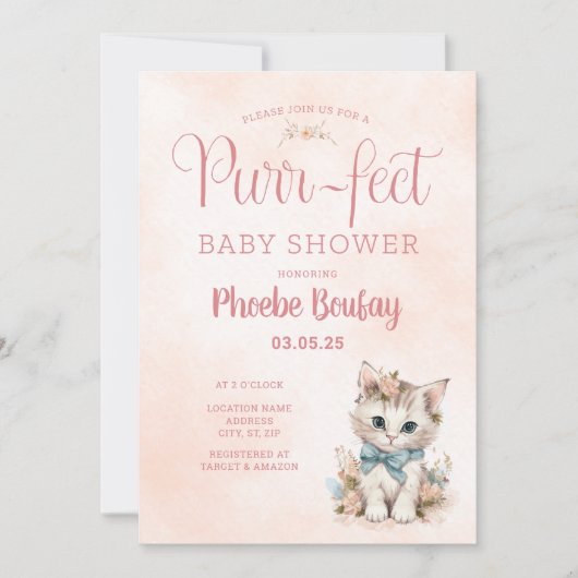 Adorable "Purr-fect" Kitten Baby shower Invitation (Devant)