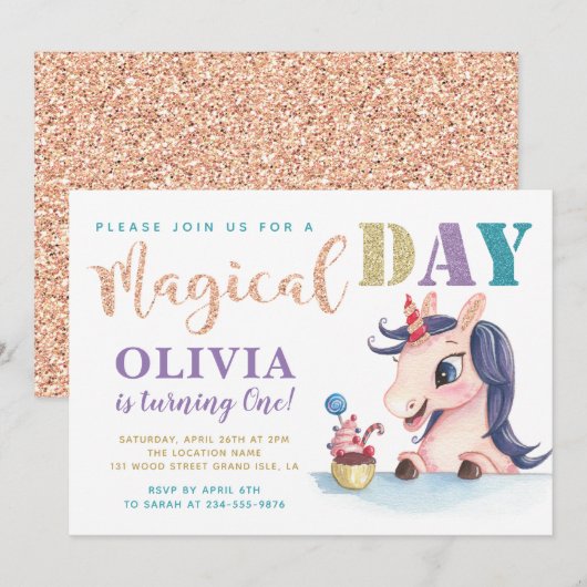 Adorable Rose Gold Unicorn Invitation Anniversaire (Devant / Derrière)