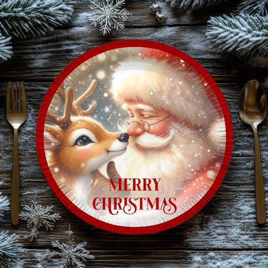 Adorable Santa Claus and Rudolph Party Plates Papieren Bordje