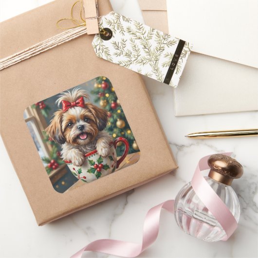 Adorable Shih Tzu Dog in Christmas Mug Cozy Art Vierkante Sticker (Geschenken)