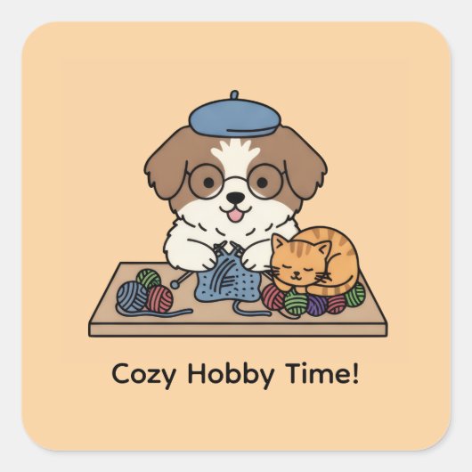 Adorable Shih Tzu Knitting Cartoon Craft Party Vierkante Sticker (Voorkant)