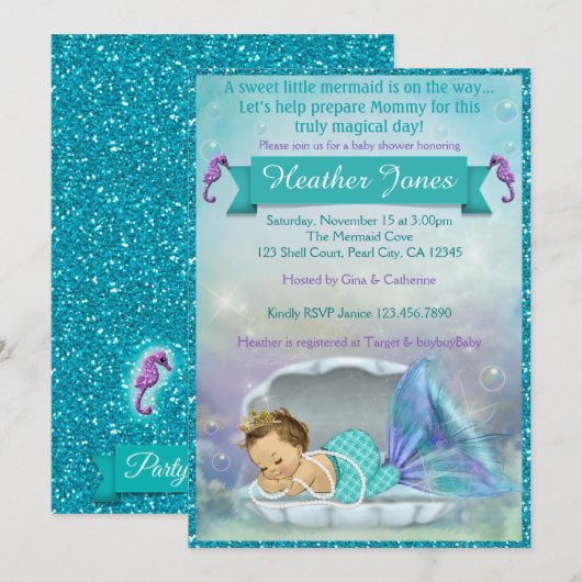 Adorable Sirène douche bébé Invitations #130 (Devant / Derrière)