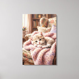 Adorable Sleeping Kitten on Teddy Bear Oil Paintin Canvas Afdruk