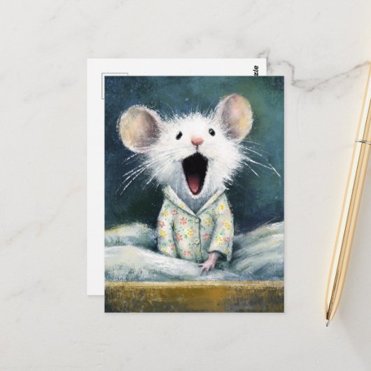 Adorable Sleepy White Mouse in PJs Briefkaart (Voorkant / Achterkant in situ)