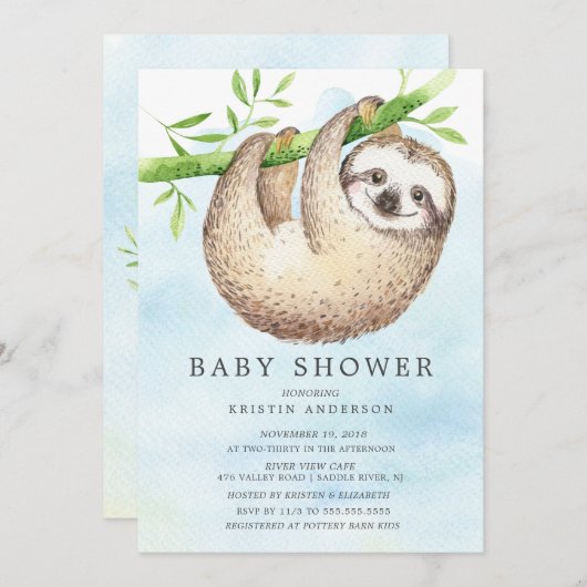 Adorable Sloth Baby shower Invitation (Devant / Derrière)