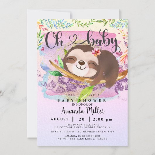 Adorable Sloth Baby shower Invitation (Devant)