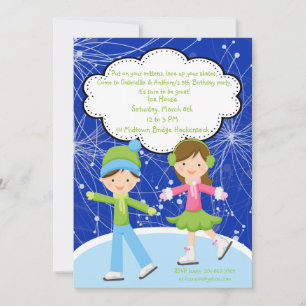 Adorable Twins Ice Skating Invitation d'anniversai