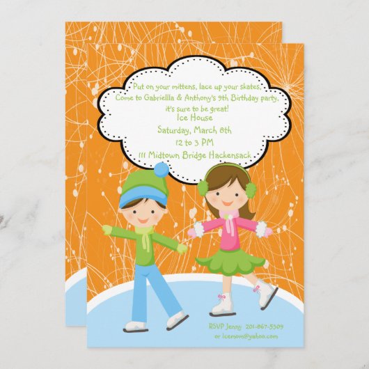 Adorable Twins Ice Skating Invitation d'anniversai (Devant / Derrière)
