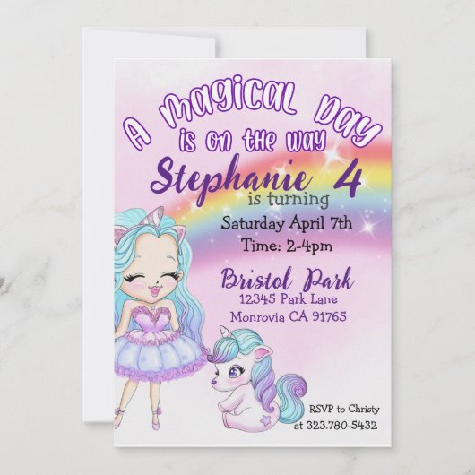 Adorable Unicorn Rainbow Invitation de fête d'anni (Devant)