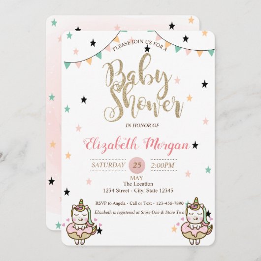 Adorable Unicorne, Stars Baby shower Invitation (Devant / Derrière)