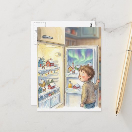 Adorable Winter Scene in Refrig Amazed Boy Briefkaart (Voorkant / Achterkant in situ)