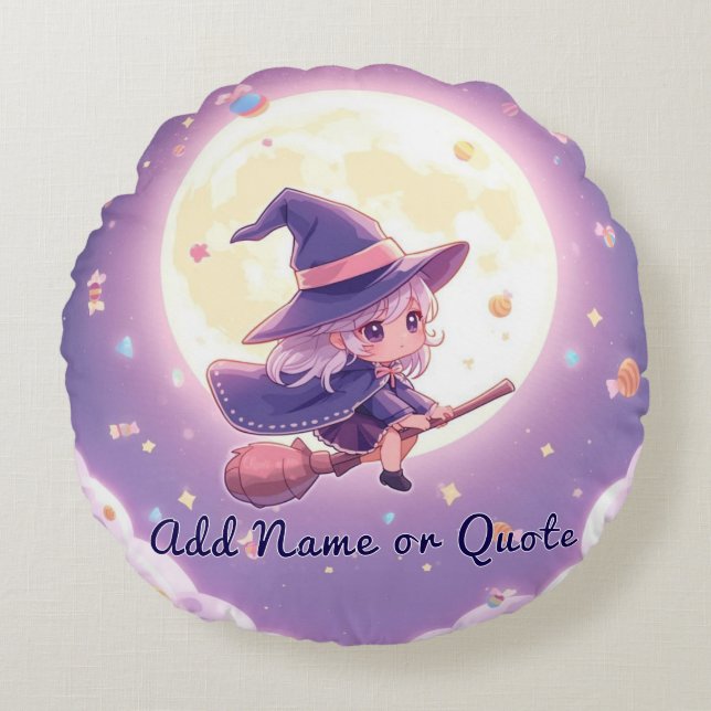 Adorable Witch Flying Halloween Round Pillow Rond Kussen (Voorkant)
