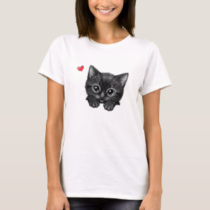 Adorable Zwarte Kitten met Hart T-Shirt