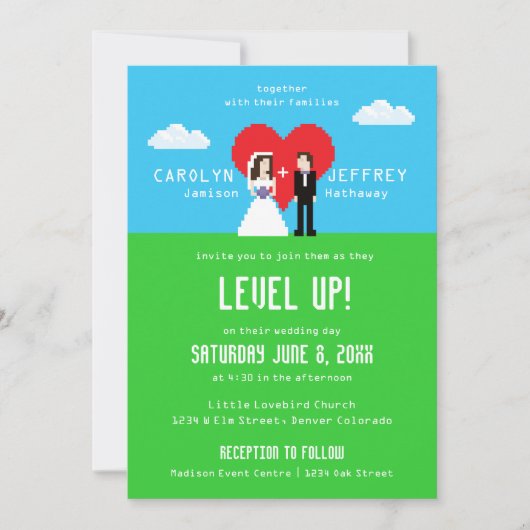 Adorablement Nerdy Invitations de mariage à 8 bits (Devant)
