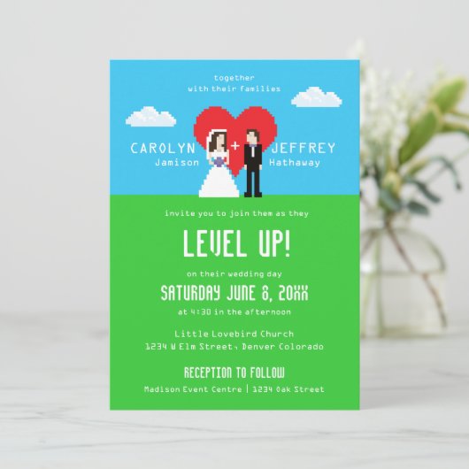 Adorablement Nerdy Invitations de mariage à 8 bits (Debout devant)