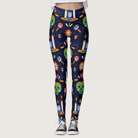 Adorables Day of the Dead Calavara Style Yoga Leggings (Voorkant)