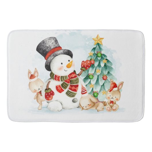Adorables kerstsnowman Bunnies and Tree Badmat (Voorkant)