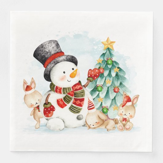 Adorables kerstsnowman Bunnies and Tree Servet (Voorkant)