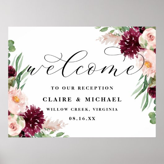 Adore Welcome Chic Floral Script Weduwen Sign Poster (Voorkant)