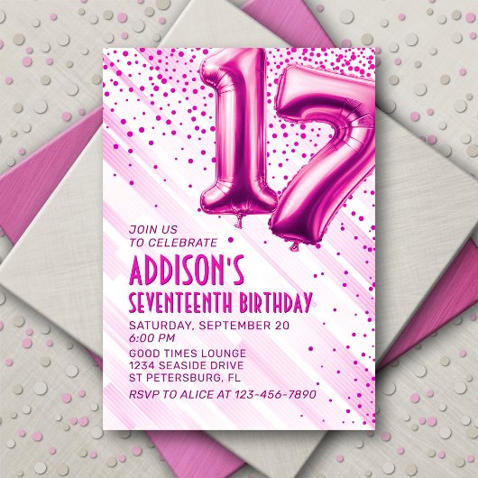 Ados Filles rose 17e anniversaire Invitation