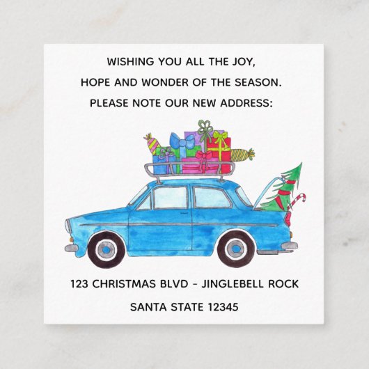 Adres Aankondiging Blauwe Auto met Kerstcadeaus (Achterkant)