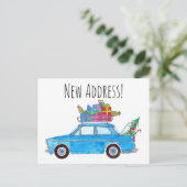 Adres Aankondiging blauwe auto met kerstcadeaus Briefkaart (Staand voorkant)