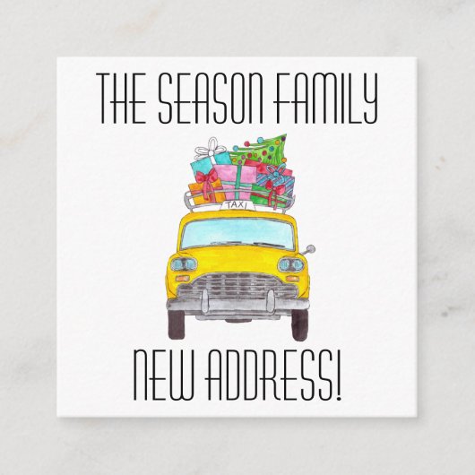 Adres Aankondiging met kerstcadeaus met gele cabin (Voorkant)