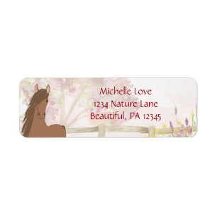 Adres bruine paarden en bloemen etiket