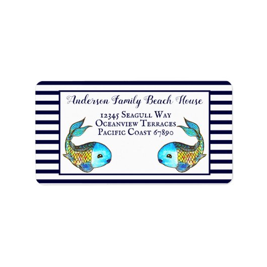 Adres Nautical Blue Waterverf Fish Beach House Etiket (Voorkant)