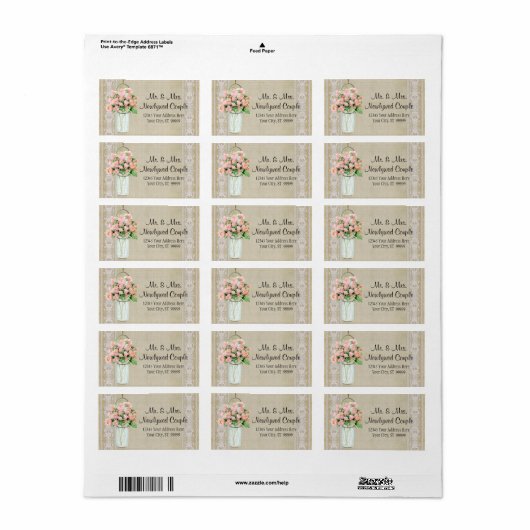 Adres Rustiek Land Mason Jar Blush Roze Rozen Etiket (Full Sheet)