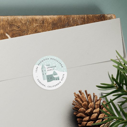 Adres Snowy Village Return Ronde Sticker