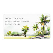 Adres Waterverf Tropical Coastal Palm Trees Etiket (Voorkant)