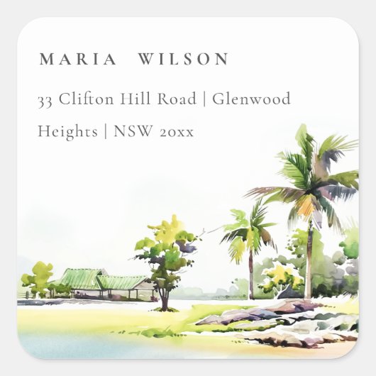 Adres Waterverf Tropical Coastal Palm Trees Vierkante Sticker (Voorkant)