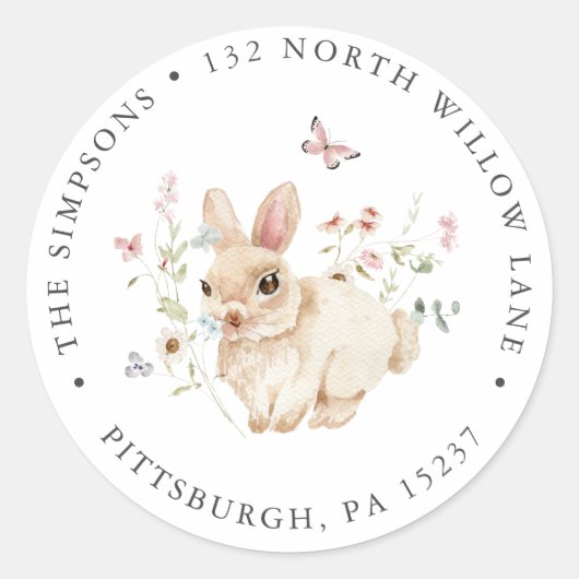 Adres Wildflower Bunny Rabbit Return Ronde Sticker (Voorkant)