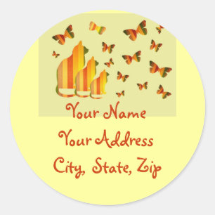 Adresetiketten van katten en vlinders ronde sticker