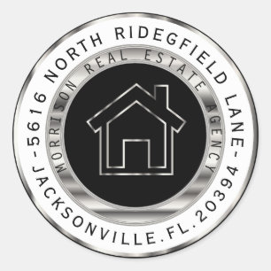 Adresetiketten voor Black and Silver Metal Realtor Ronde Sticker