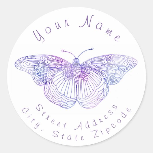 Adreslabel 'Violet Waterverf Butterfly' Ronde Sticker (Voorkant)
