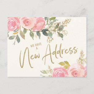 Adreswijziging Elegante Roze Roze Bloem Goud Briefkaart