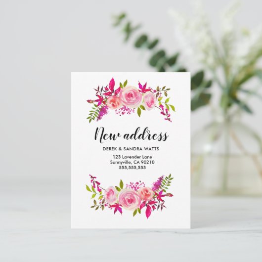 Adreswijziging We hebben roze rozen verplaatst Aankondigingskaart (Staand voorkant)