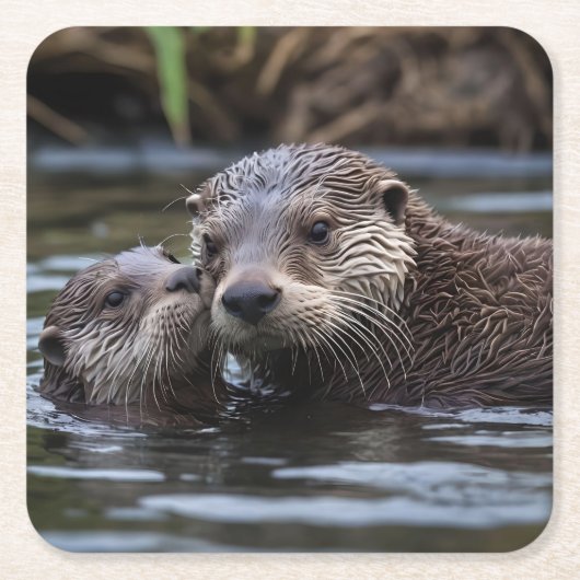 **"Adrift in Love: Mummy en Baby Otter"** Vierkante Kartonnen Onderzetter (Voorkant)