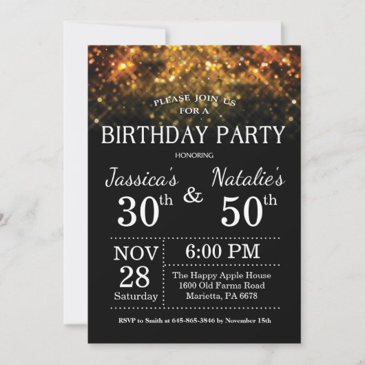 Adult Joint Birthday Party Invitation Gold Glitter Kaart (Voorkant)