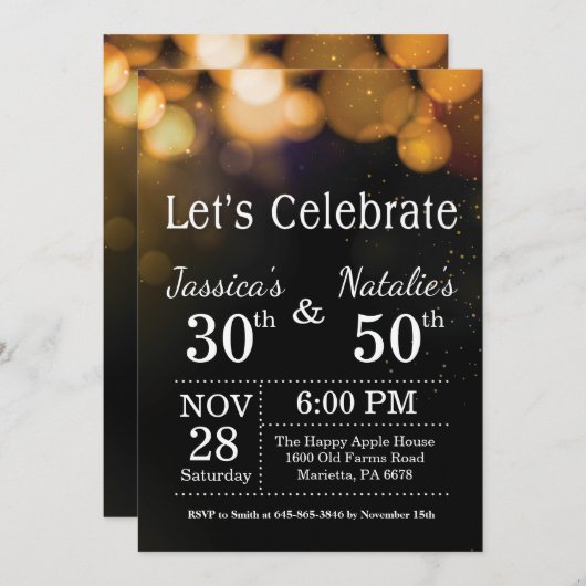 Adult Joint Birthday Party Invitation Gold Glitter Kaart (Voorkant / Achterkant)
