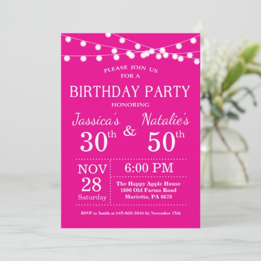 Adult Joint Birthday Party Invitation Hot Pink Kaart (Staand voorkant)